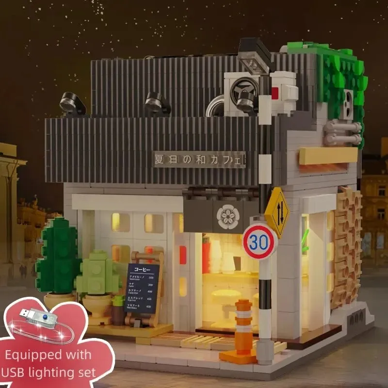1116PCS City Japanese Summer Restaurant Cafe Building Blocks Street View Model Bricks With Light Toys Kids DIY Toys Holiday Gift