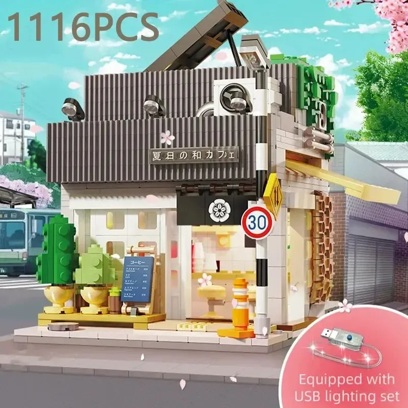 1116PCS City Japanese Summer Restaurant Cafe Building Blocks Street View Model Bricks With Light Toys Kids DIY Toys Holiday Gift