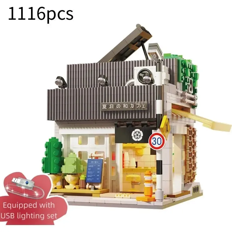 1116PCS City Japanese Summer Restaurant Cafe Building Blocks Street View Model Bricks With Light Toys Kids DIY Toys Holiday Gift
