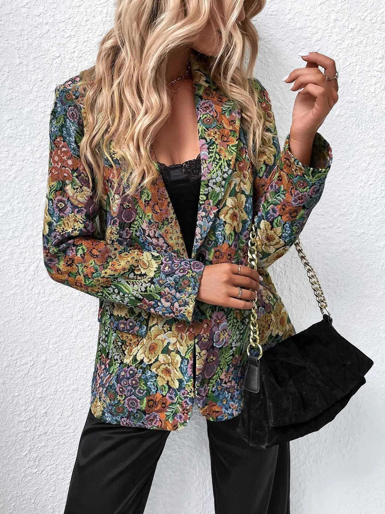Allover Floral Print Single Button Blazer