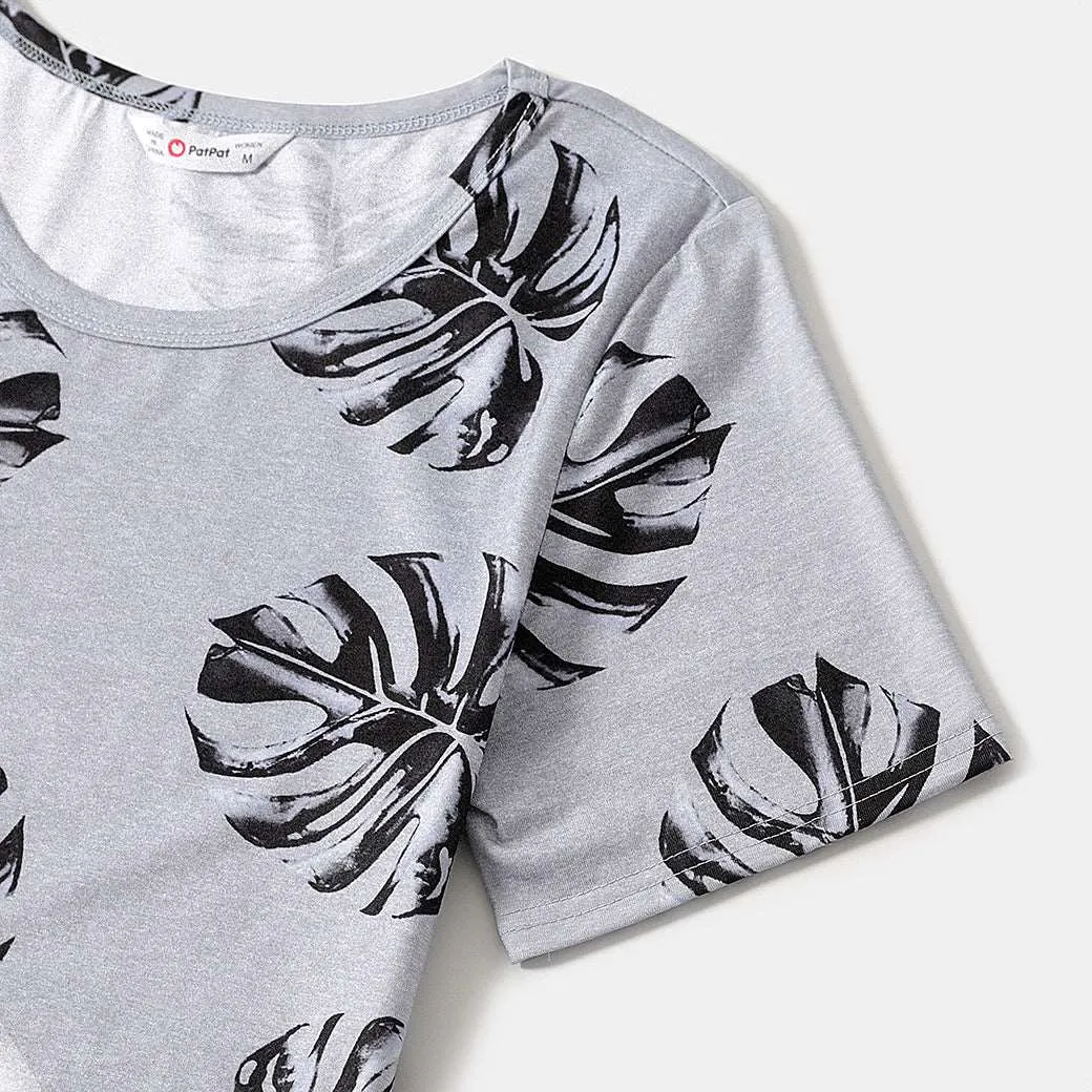 Allover Palm Leaf Print Grey Short-sleeve Twist Knot Bodycon Dress for Mom and Me
