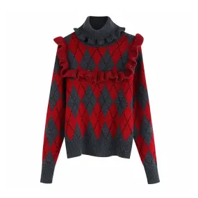 ARGYLE SWEATER WITH RUFFLES