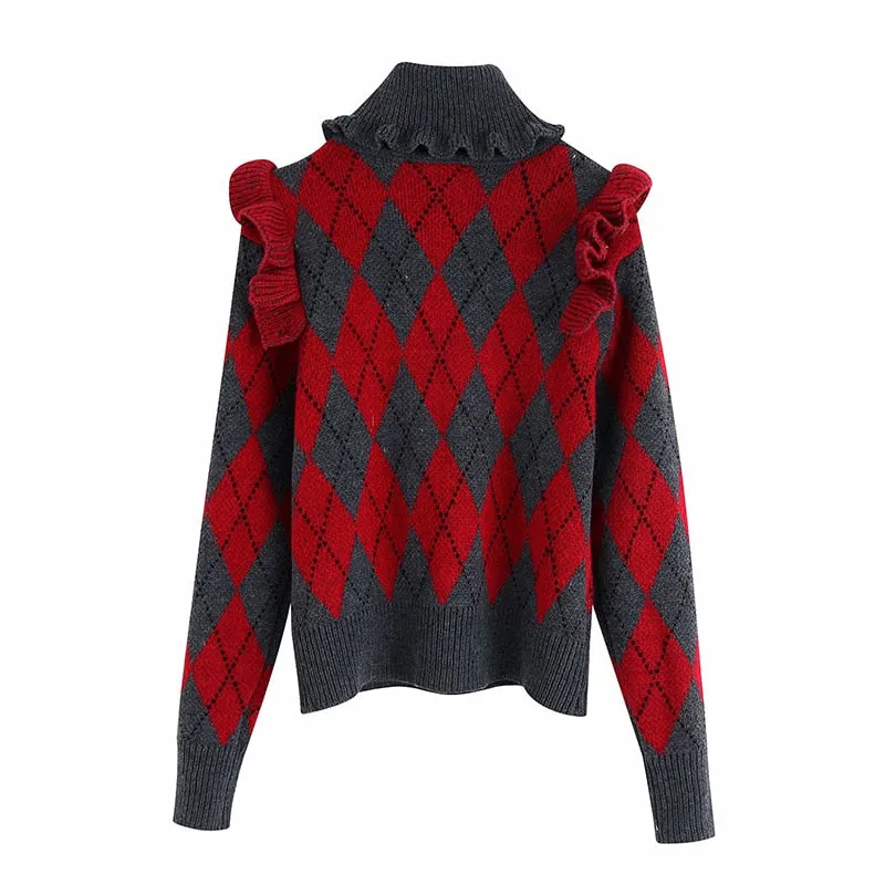ARGYLE SWEATER WITH RUFFLES