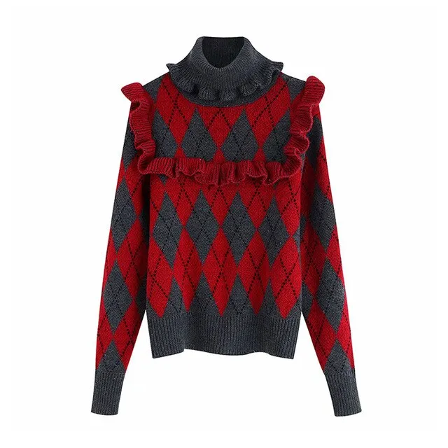 ARGYLE SWEATER WITH RUFFLES