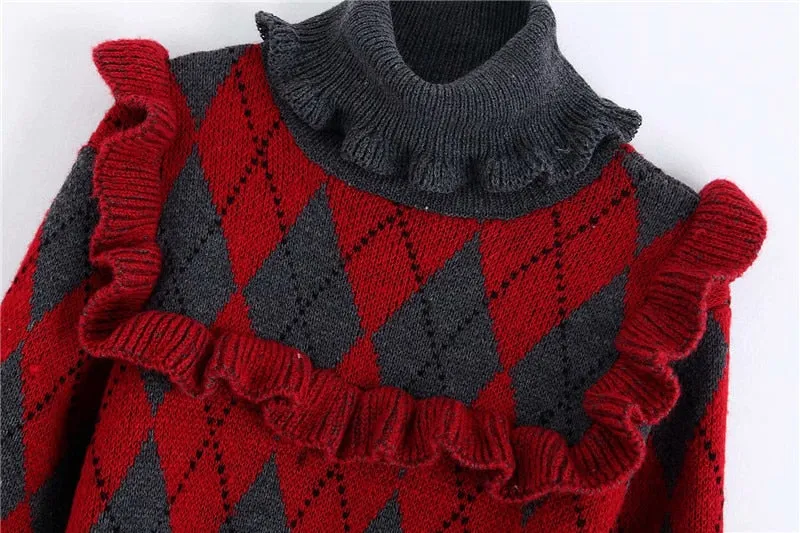 ARGYLE SWEATER WITH RUFFLES