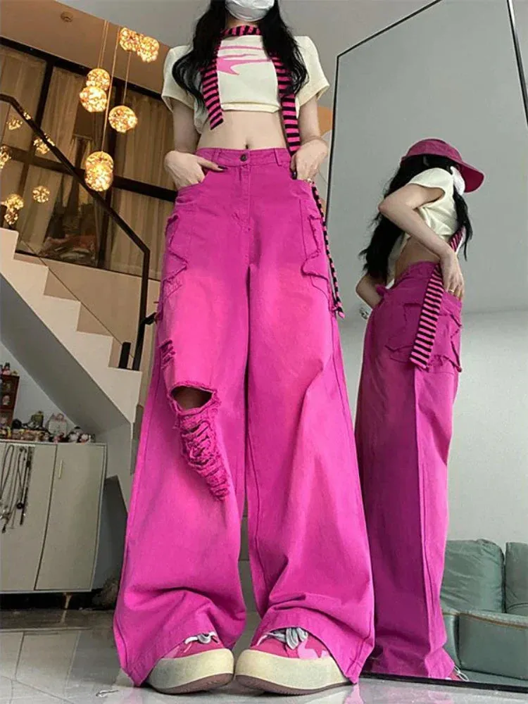Back To School Joskaa Ripped Jeans for Women High Waist Y2k Vintage Loose Star Korean Hip Hop Hole Wide Leg Denim Pants Harajuku Summer Slacks