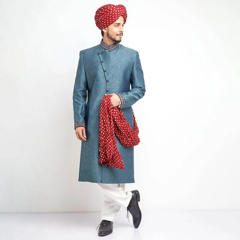 Black and Peppermint Brocade Silk Form Fitted Sherwani