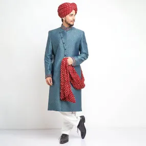 Black and Peppermint Brocade Silk Form Fitted Sherwani