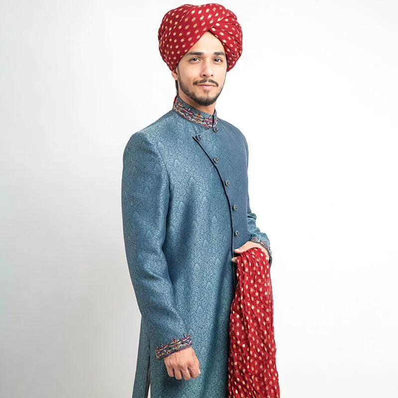 Black and Peppermint Brocade Silk Form Fitted Sherwani