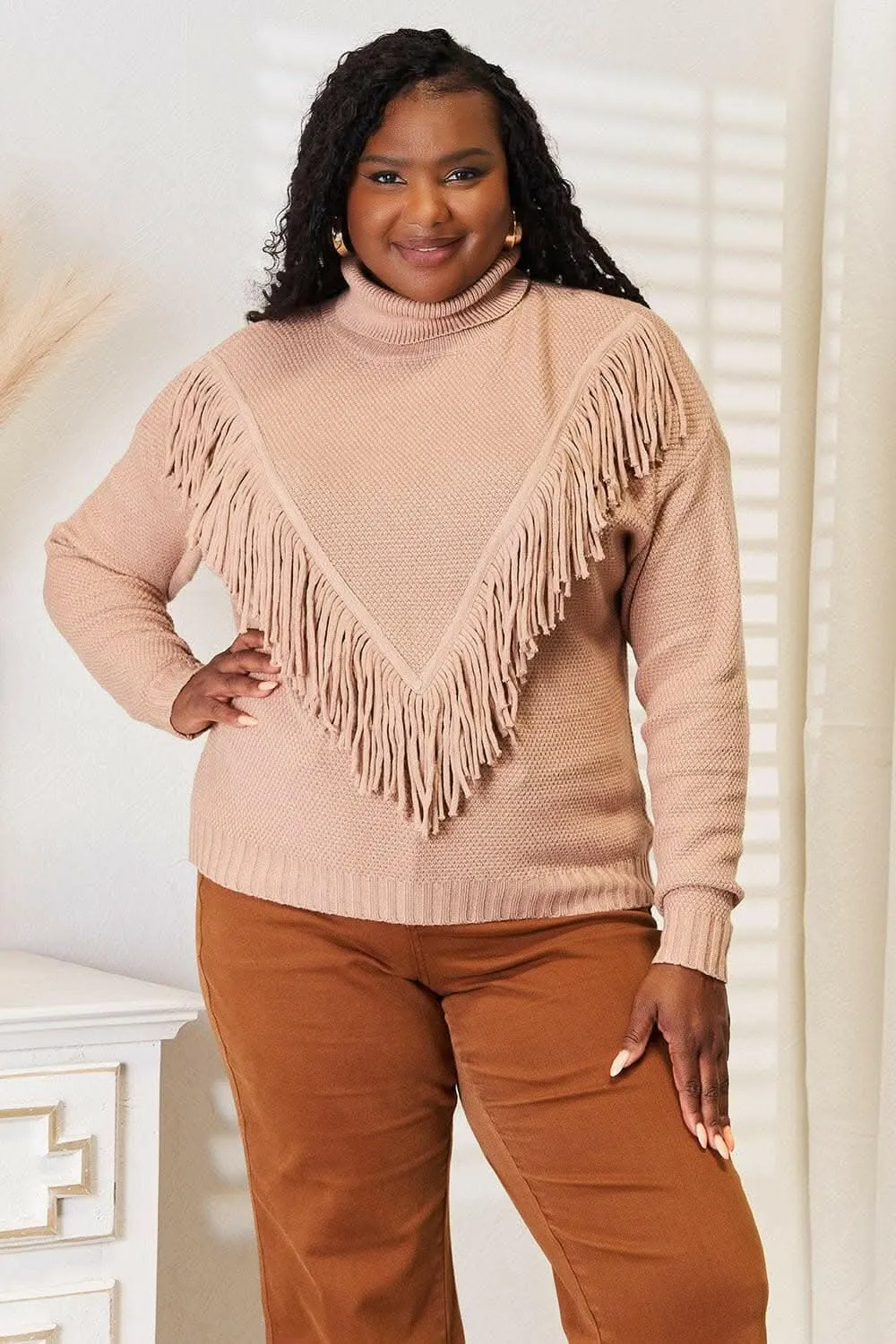 Chic fringe turtleneck sweater