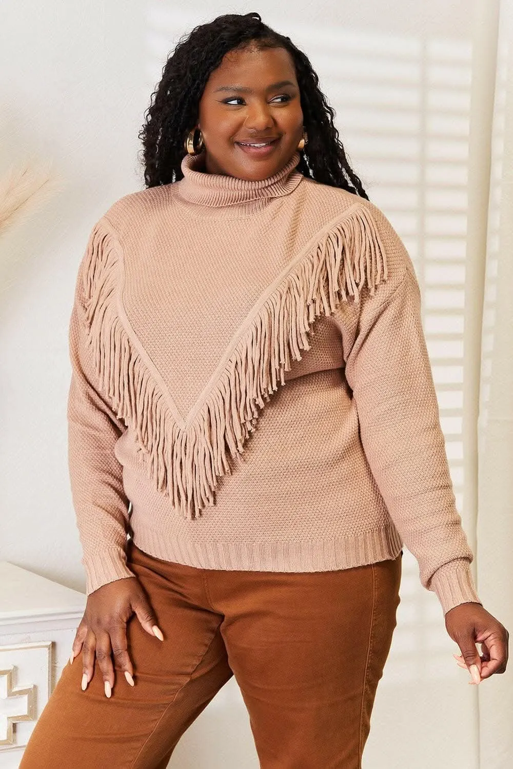 Chic fringe turtleneck sweater