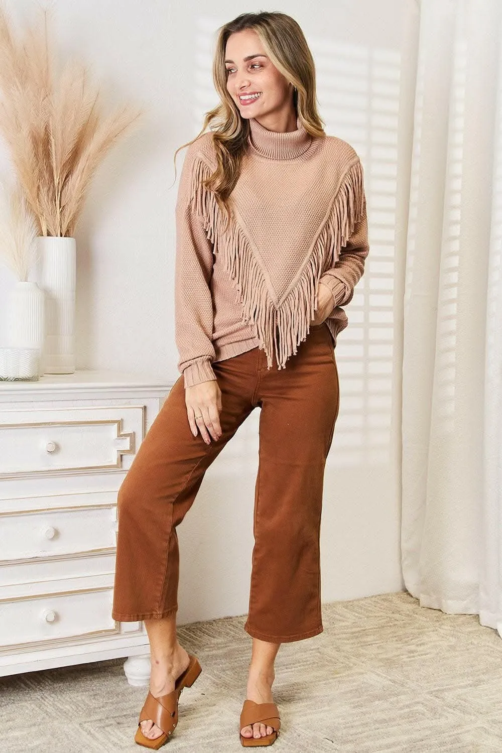 Chic fringe turtleneck sweater