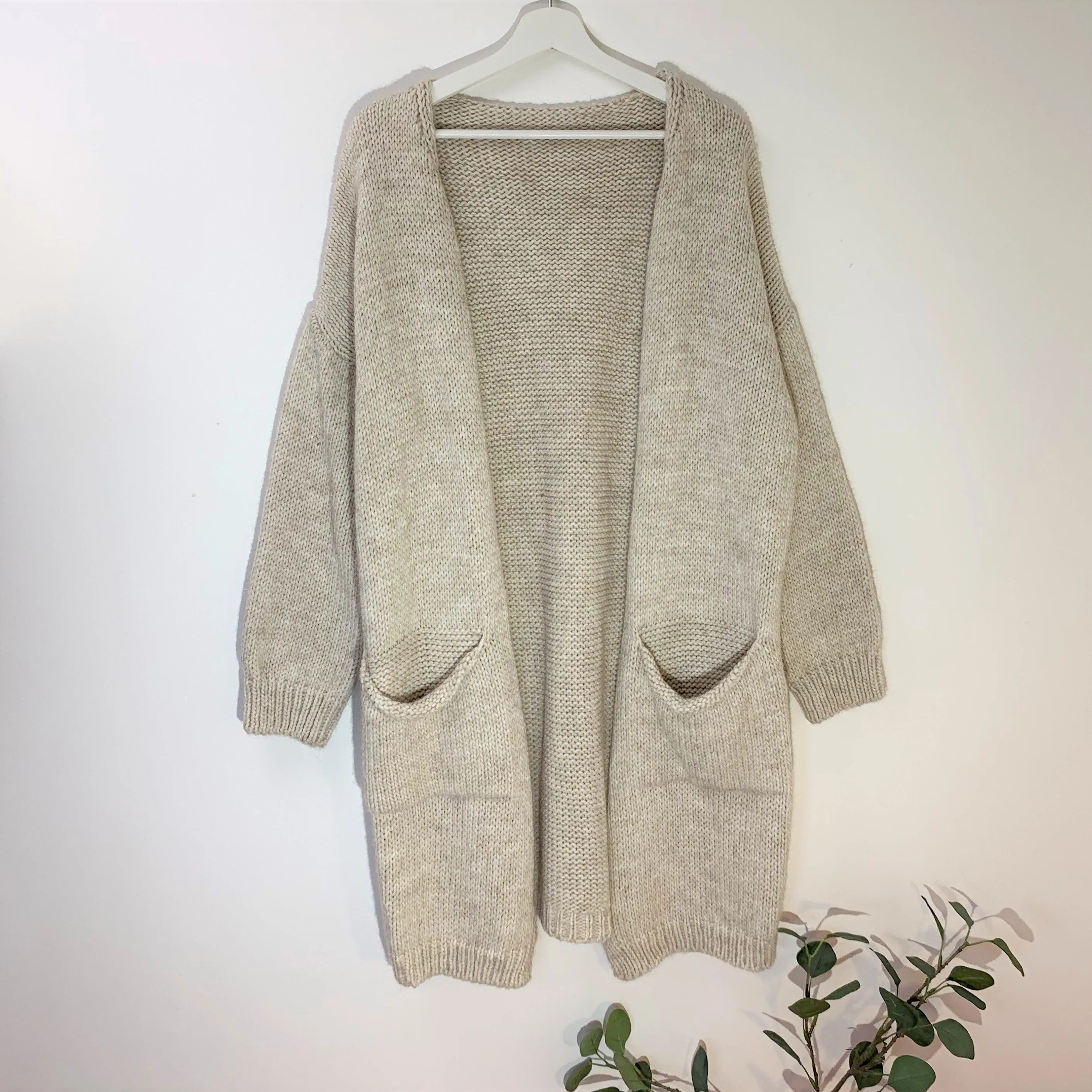 Chunky natural long cardi with pockets (Wool mix)