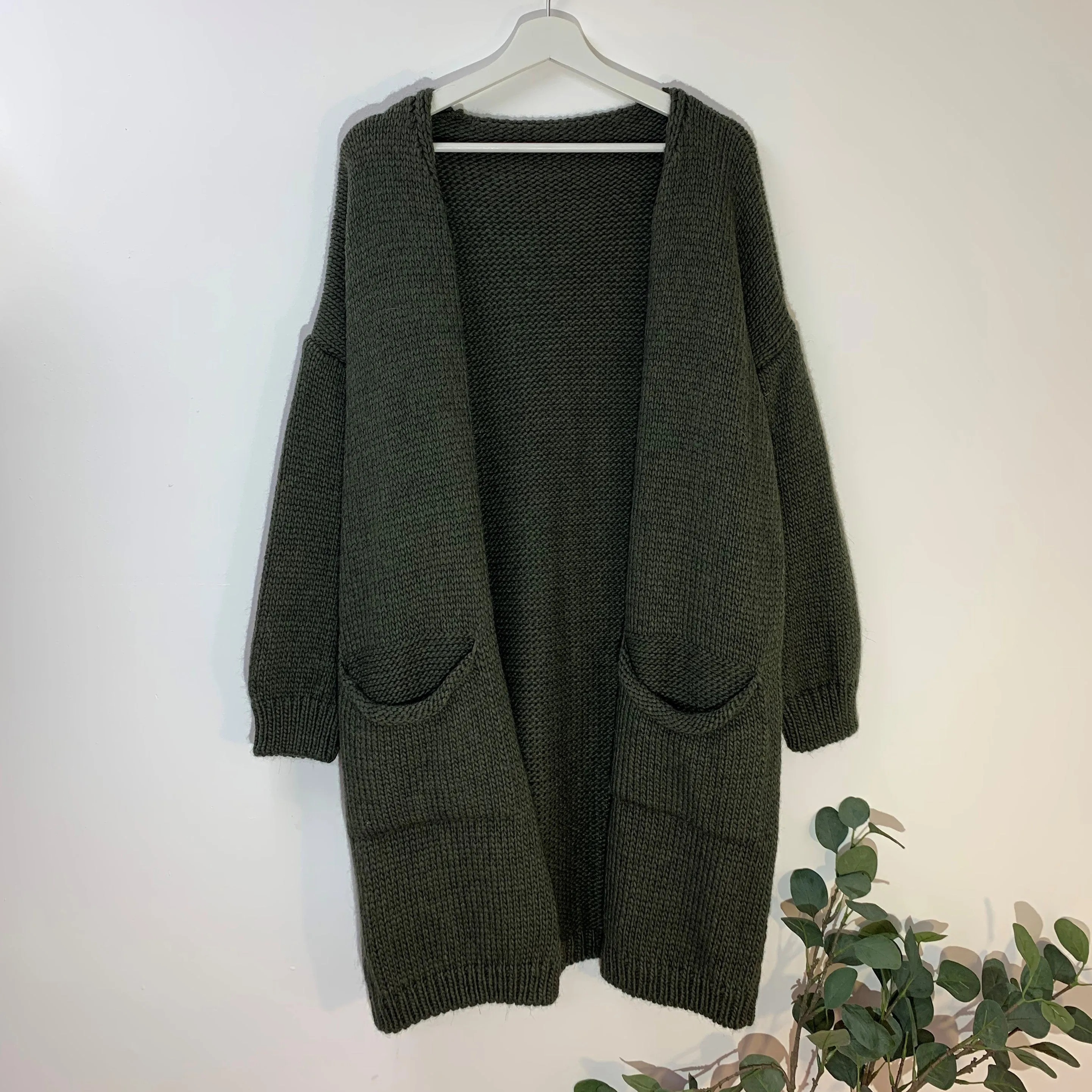 Chunky natural long cardi with pockets (Wool mix)