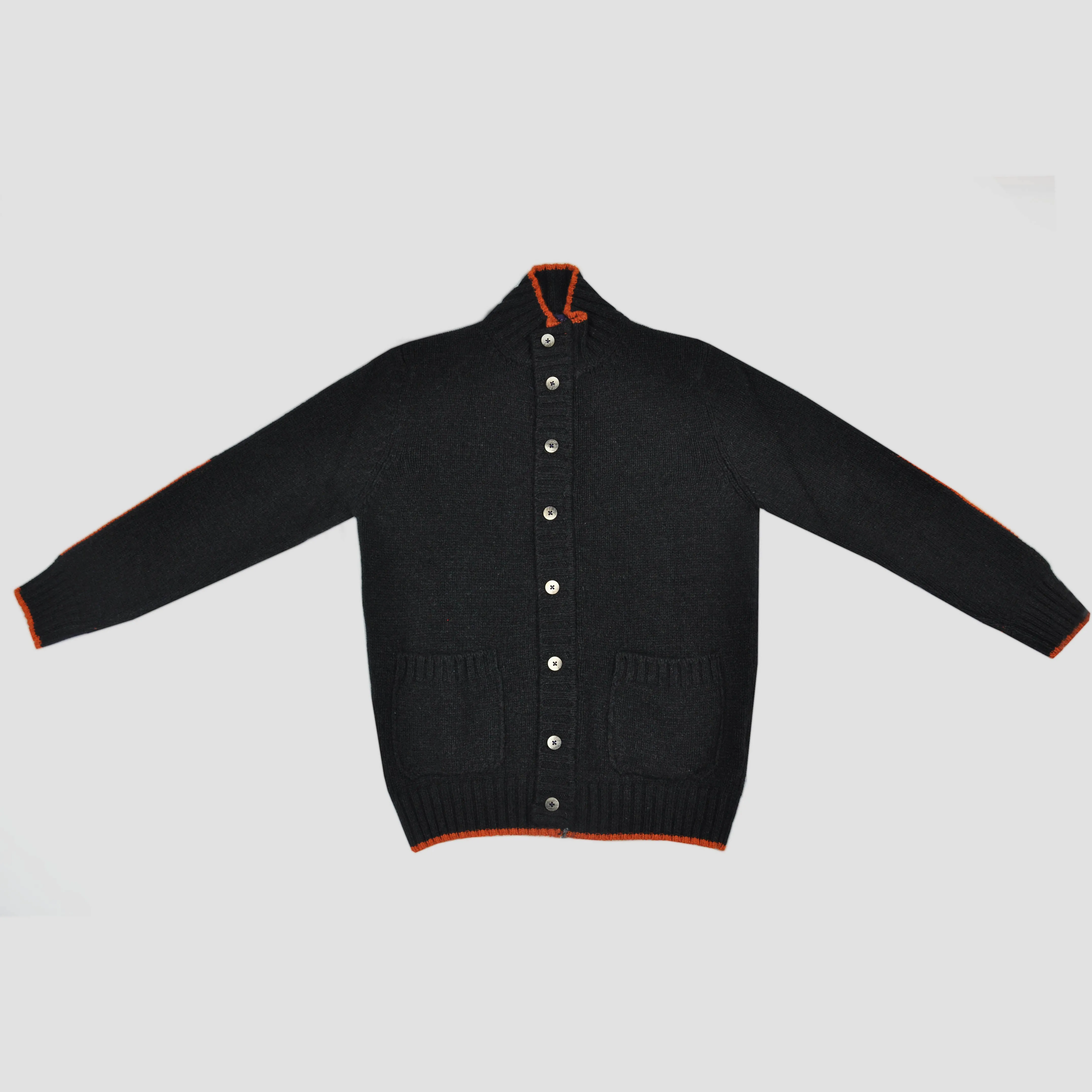 Chunky Yak's Wool Cardi in Charcoal with Orange Trim