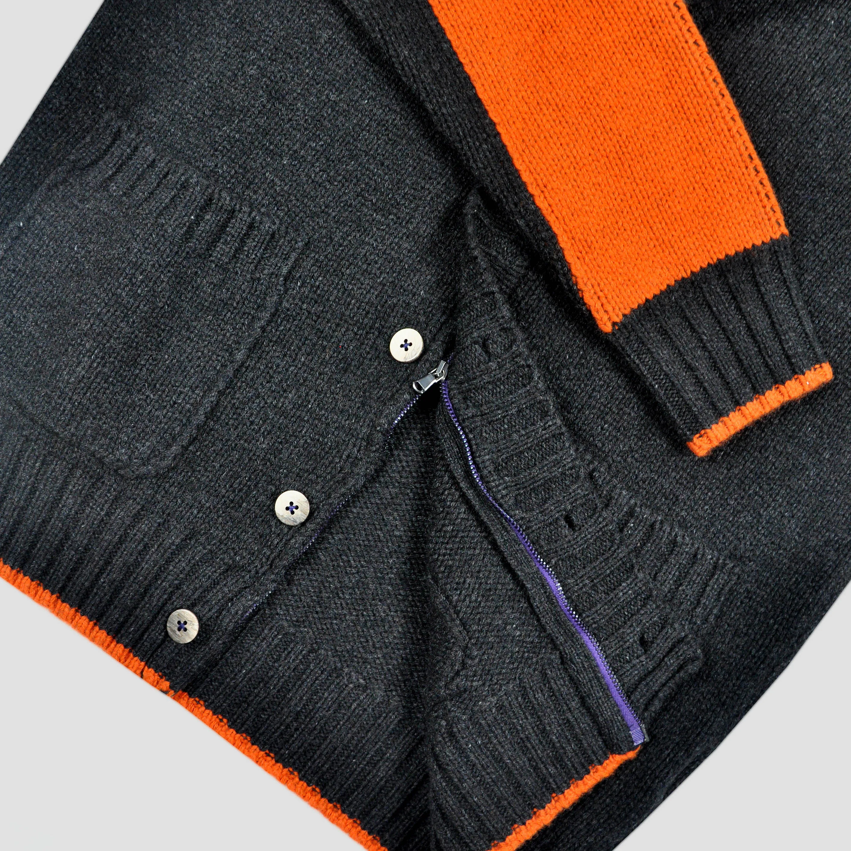 Chunky Yak's Wool Cardi in Charcoal with Orange Trim