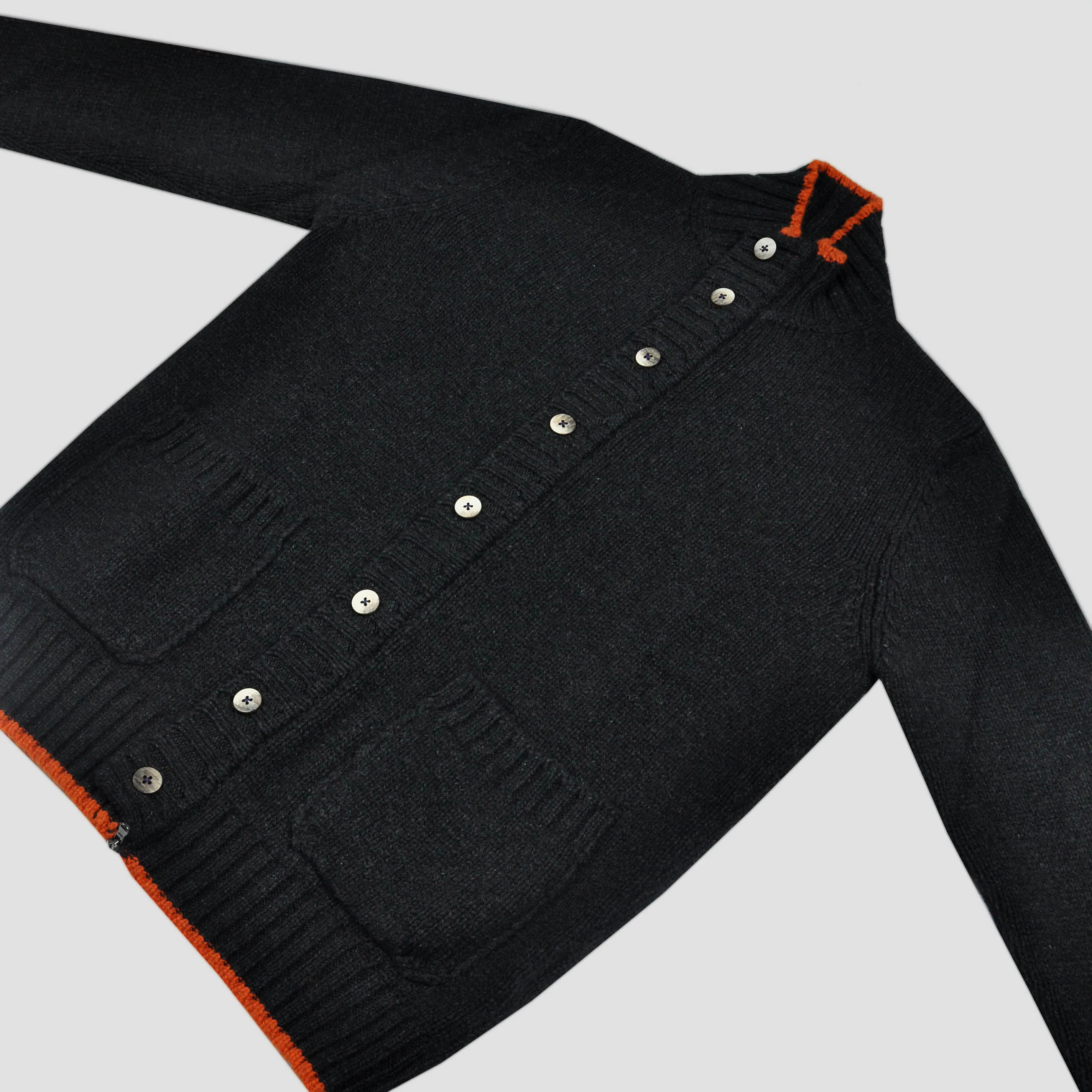 Chunky Yak's Wool Cardi in Charcoal with Orange Trim
