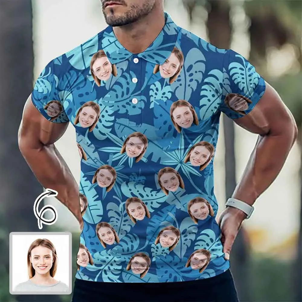 Custom Boyfriend Face Blue Leaf Slouchy Shirt Loose Fit Tee Personalized One Side Off Shoulder Women's Mid Sleeve Straight Neck T-shirt