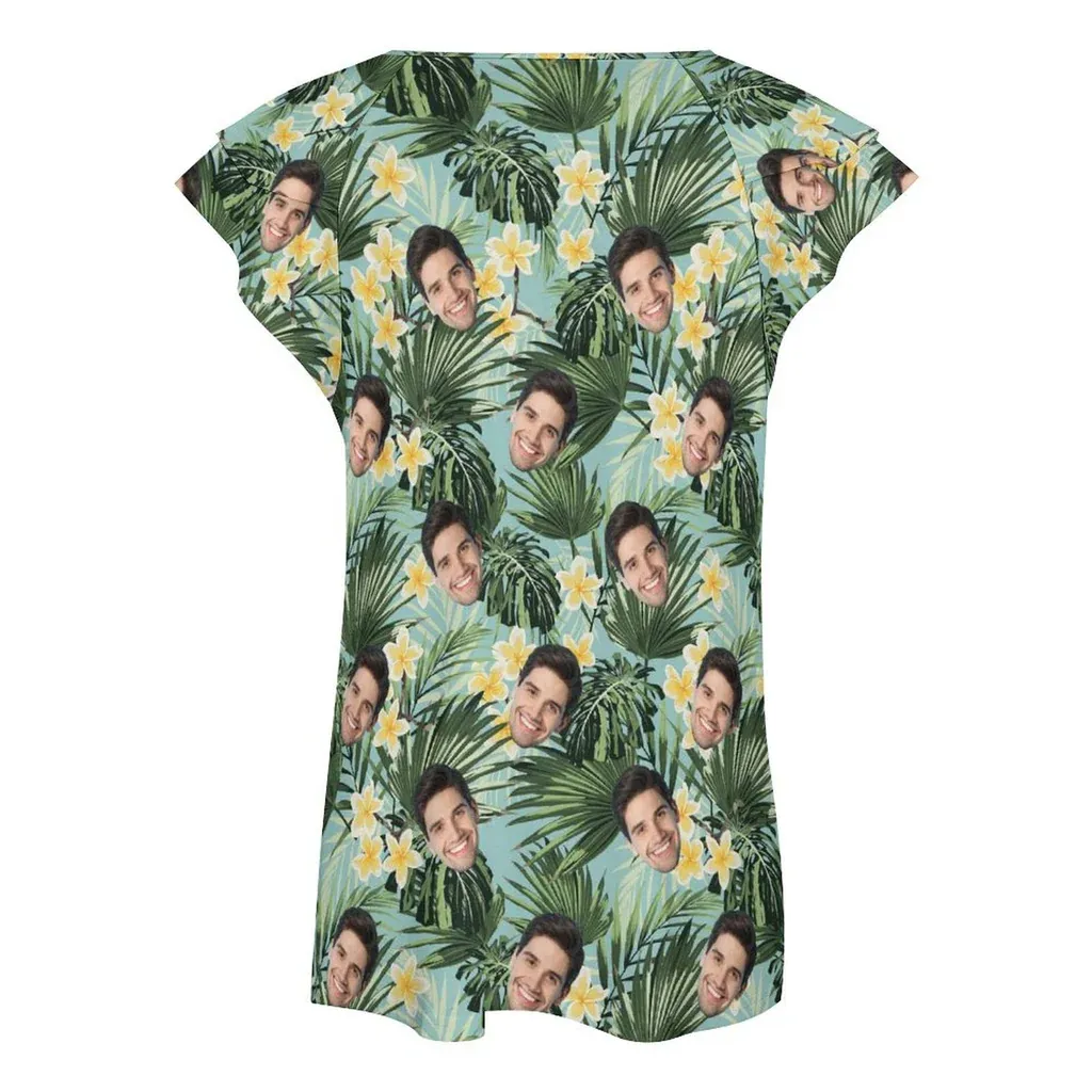 Custom Boyfriend Face Blue Leaf Slouchy Shirt Loose Fit Tee Personalized One Side Off Shoulder Women's Mid Sleeve Straight Neck T-shirt
