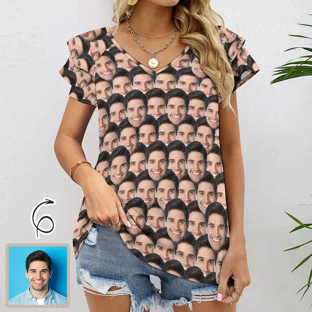 Custom Boyfriend Face Blue Leaf Slouchy Shirt Loose Fit Tee Personalized One Side Off Shoulder Women's Mid Sleeve Straight Neck T-shirt