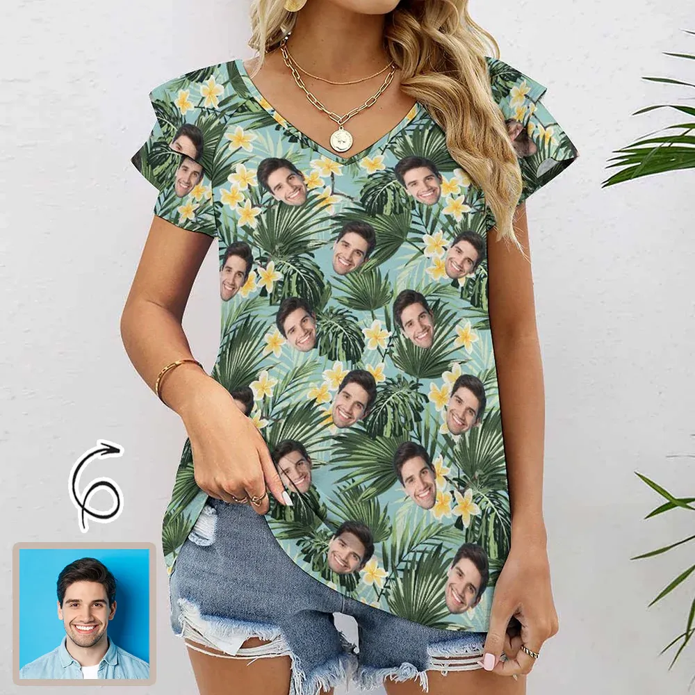Custom Boyfriend Face Blue Leaf Slouchy Shirt Loose Fit Tee Personalized One Side Off Shoulder Women's Mid Sleeve Straight Neck T-shirt