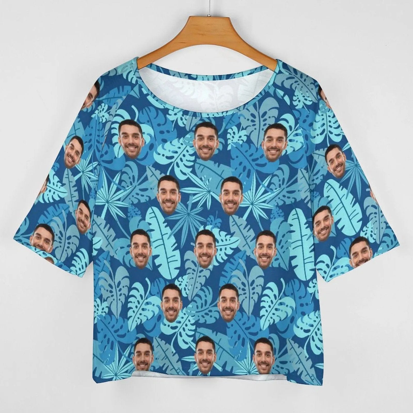 Custom Boyfriend Face Blue Leaf Slouchy Shirt Loose Fit Tee Personalized One Side Off Shoulder Women's Mid Sleeve Straight Neck T-shirt
