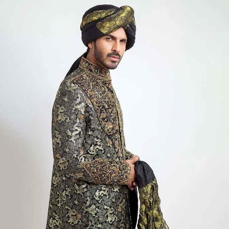 Deep Green Dragon Brocade Form-Fitted Sherwani