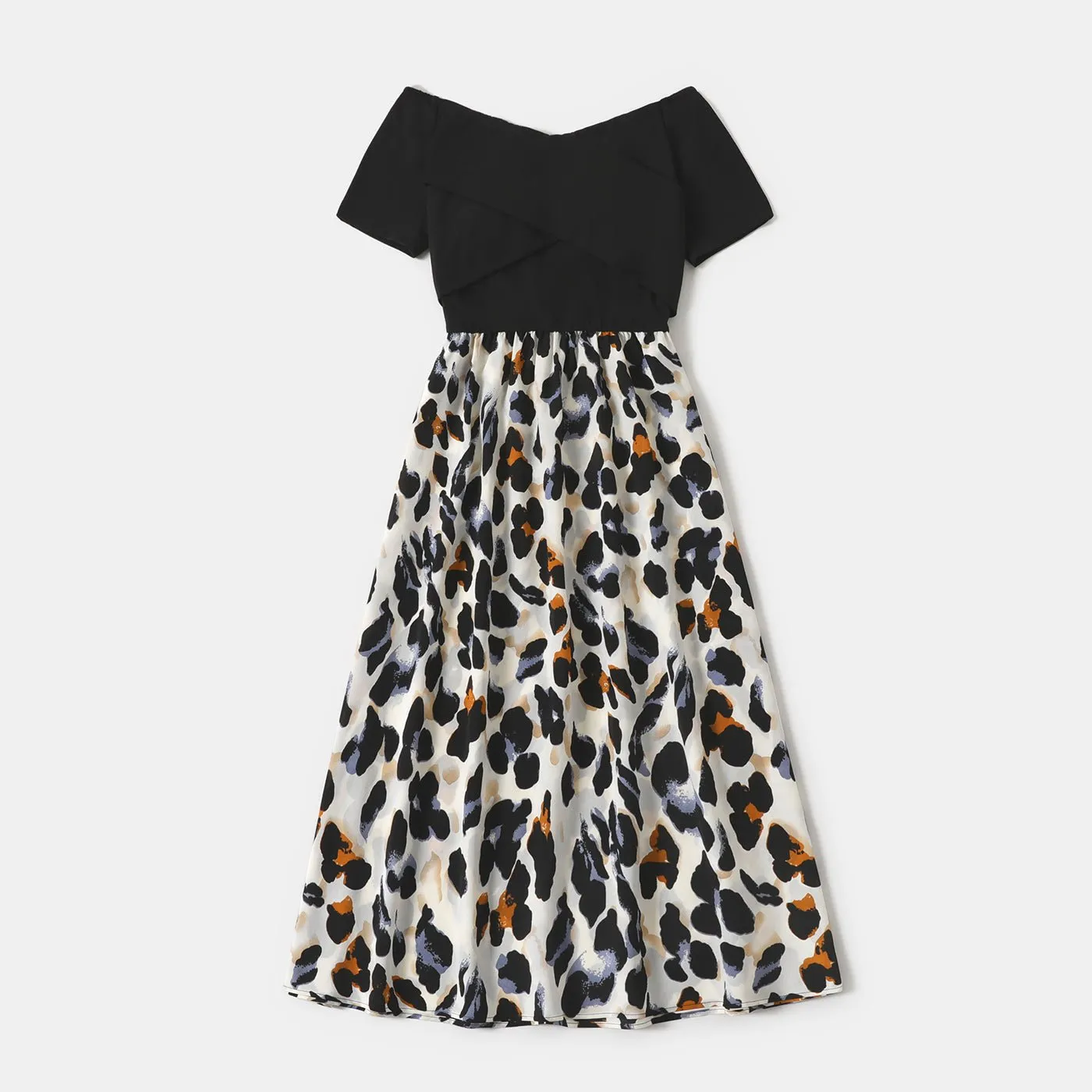 Family Matching Black Splice Leopard Off Shoulder Crisscross Front Short-sleeve Dresses and T-shirts Sets