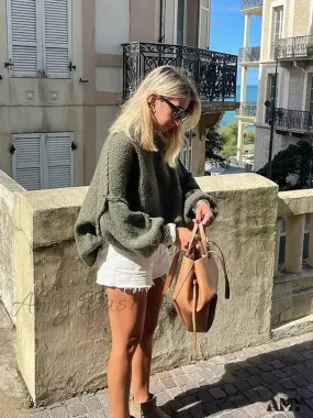 Green O-neck Loose Christmas Pullover Lantern Sleeve Oversized Casual 2024 Autumn Stylish Sweater