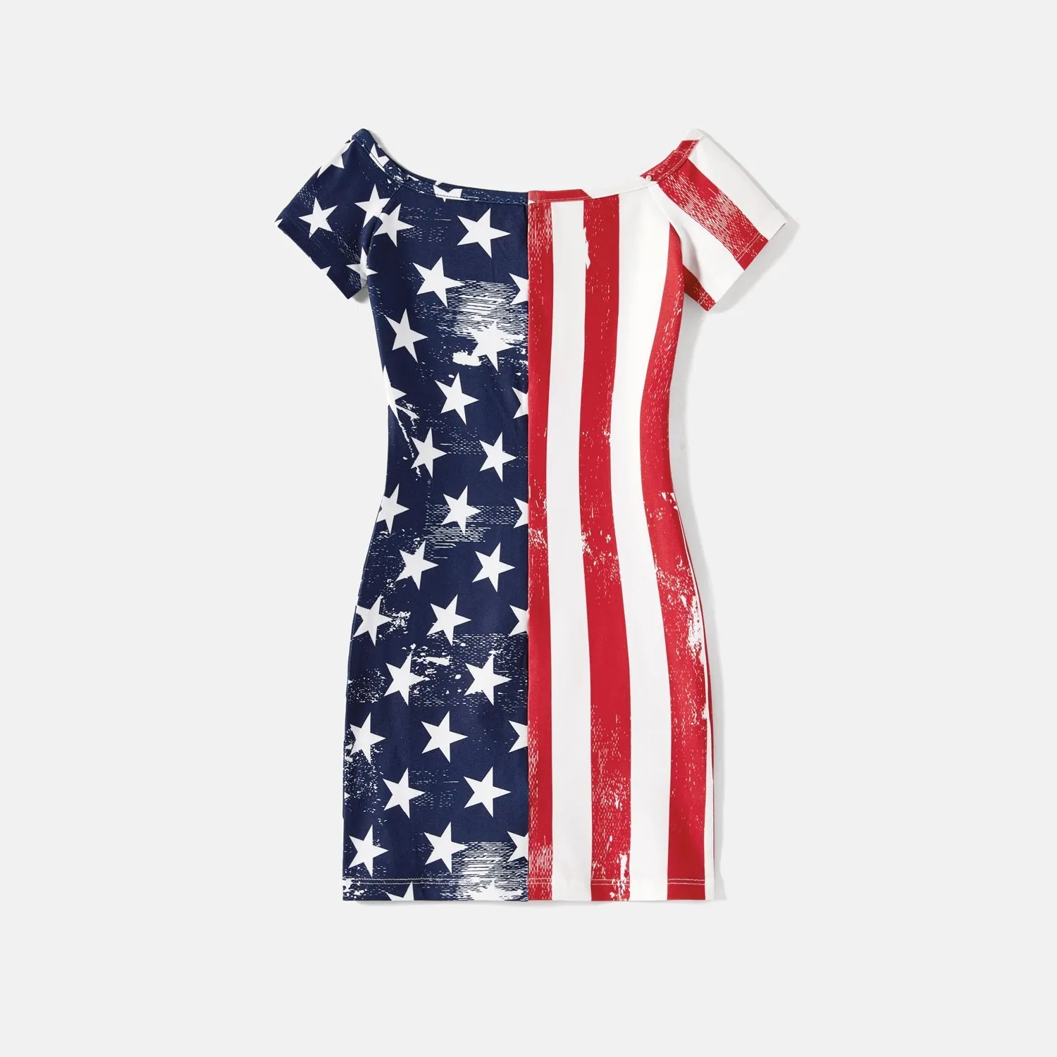 Independence Day Mommy and Me Star & Striped Print Spliced Off Shoulder Short-sleeve Bodycon Dresses