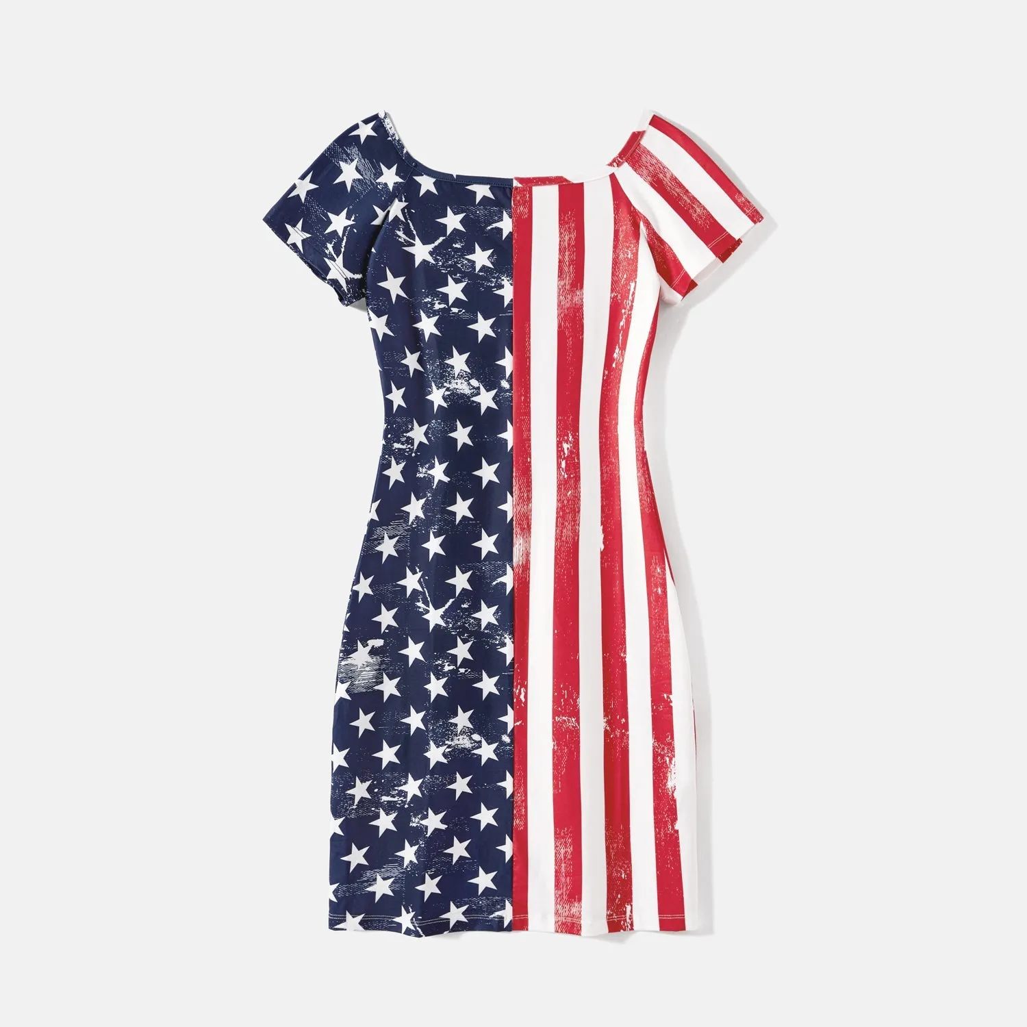Independence Day Mommy and Me Star & Striped Print Spliced Off Shoulder Short-sleeve Bodycon Dresses