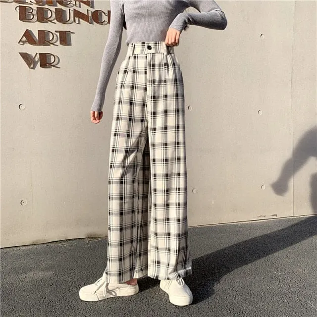 INS Cool Women Baggy Blue Pants Lady Oversized Wide Leg Plaid Slacks Harem Pants Student Autumn Purple Pink Long Flare Trousers