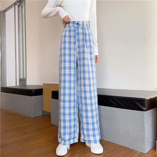 INS Cool Women Baggy Blue Pants Lady Oversized Wide Leg Plaid Slacks Harem Pants Student Autumn Purple Pink Long Flare Trousers