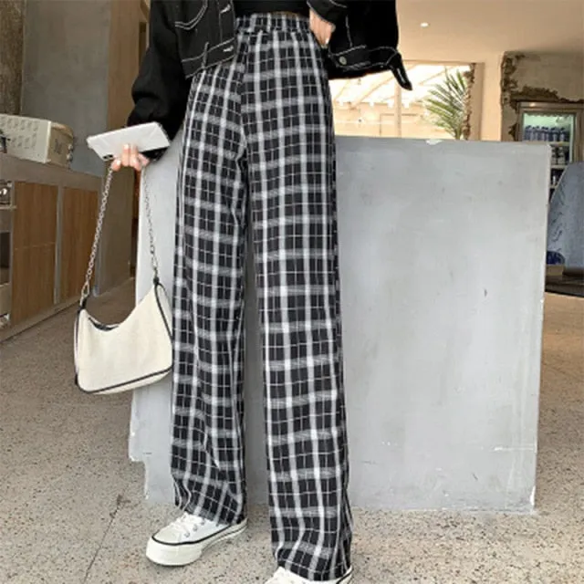 INS Cool Women Baggy Blue Pants Lady Oversized Wide Leg Plaid Slacks Harem Pants Student Autumn Purple Pink Long Flare Trousers