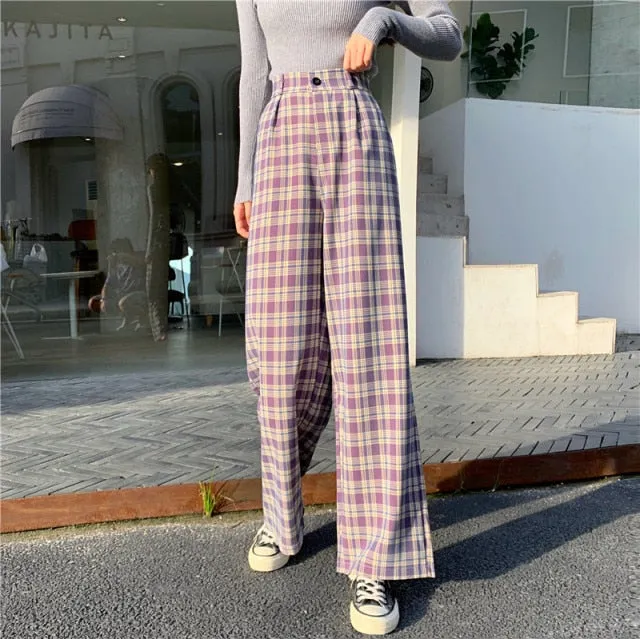 INS Cool Women Baggy Blue Pants Lady Oversized Wide Leg Plaid Slacks Harem Pants Student Autumn Purple Pink Long Flare Trousers
