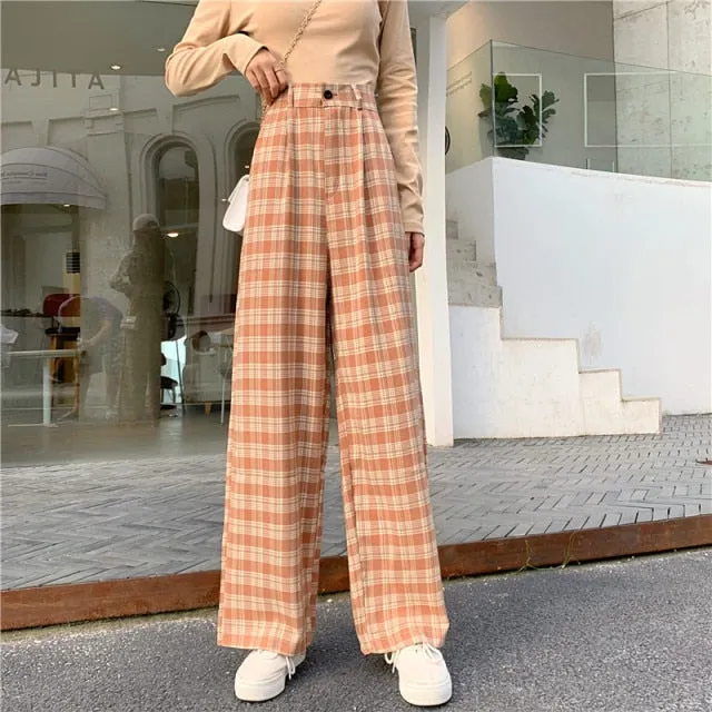 INS Cool Women Baggy Blue Pants Lady Oversized Wide Leg Plaid Slacks Harem Pants Student Autumn Purple Pink Long Flare Trousers