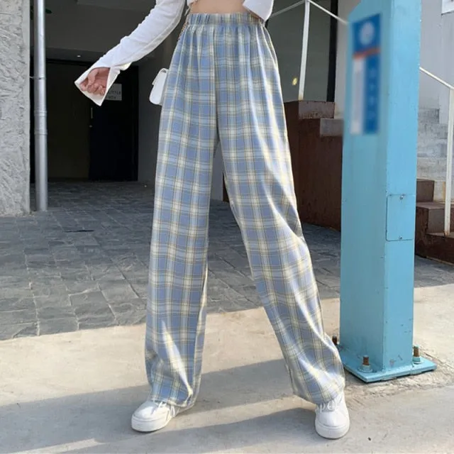 INS Cool Women Baggy Blue Pants Lady Oversized Wide Leg Plaid Slacks Harem Pants Student Autumn Purple Pink Long Flare Trousers