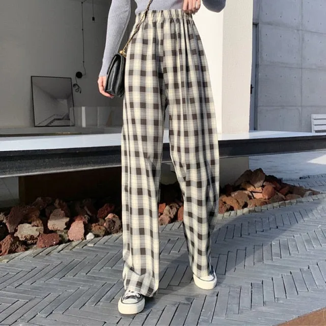 INS Cool Women Baggy Blue Pants Lady Oversized Wide Leg Plaid Slacks Harem Pants Student Autumn Purple Pink Long Flare Trousers