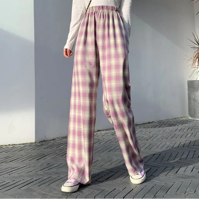 INS Cool Women Baggy Blue Pants Lady Oversized Wide Leg Plaid Slacks Harem Pants Student Autumn Purple Pink Long Flare Trousers