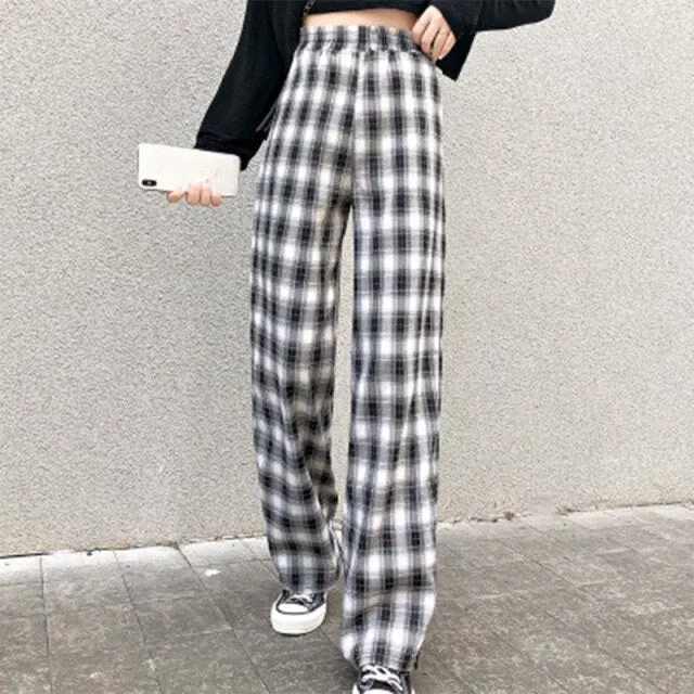 INS Cool Women Baggy Blue Pants Lady Oversized Wide Leg Plaid Slacks Harem Pants Student Autumn Purple Pink Long Flare Trousers