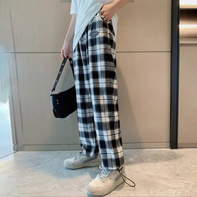 INS Cool Women Baggy Blue Pants Lady Oversized Wide Leg Plaid Slacks Harem Pants Student Autumn Purple Pink Long Flare Trousers