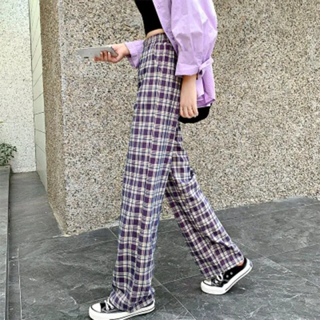 INS Cool Women Baggy Blue Pants Lady Oversized Wide Leg Plaid Slacks Harem Pants Student Autumn Purple Pink Long Flare Trousers