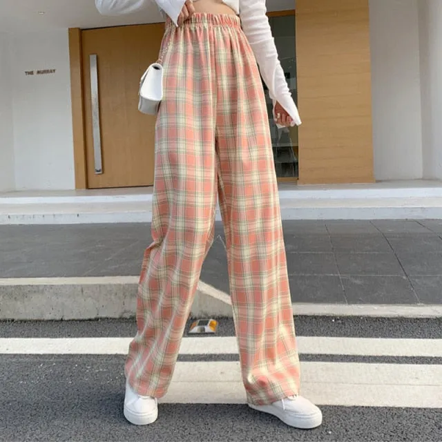 INS Cool Women Baggy Blue Pants Lady Oversized Wide Leg Plaid Slacks Harem Pants Student Autumn Purple Pink Long Flare Trousers