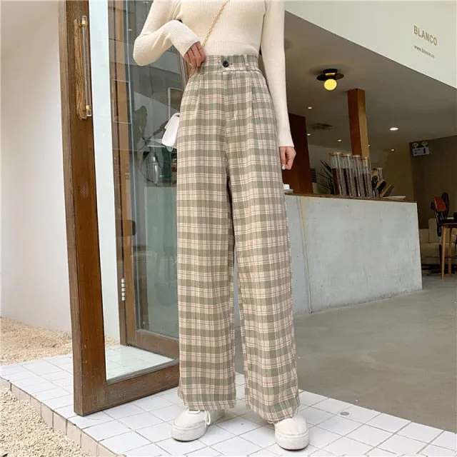 INS Cool Women Baggy Blue Pants Lady Oversized Wide Leg Plaid Slacks Harem Pants Student Autumn Purple Pink Long Flare Trousers