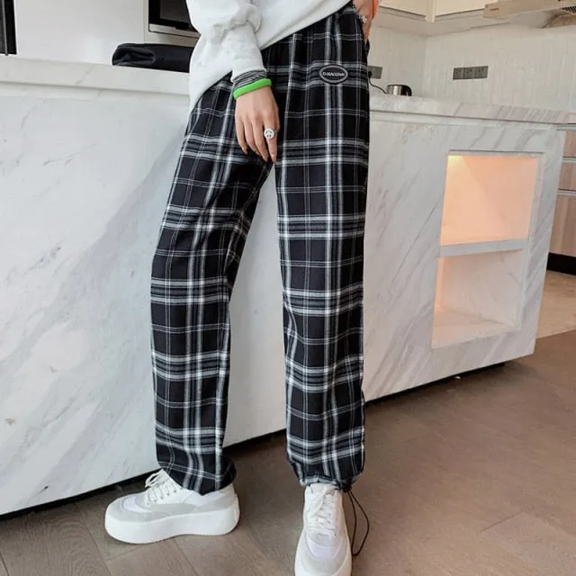 INS Cool Women Baggy Blue Pants Lady Oversized Wide Leg Plaid Slacks Harem Pants Student Autumn Purple Pink Long Flare Trousers