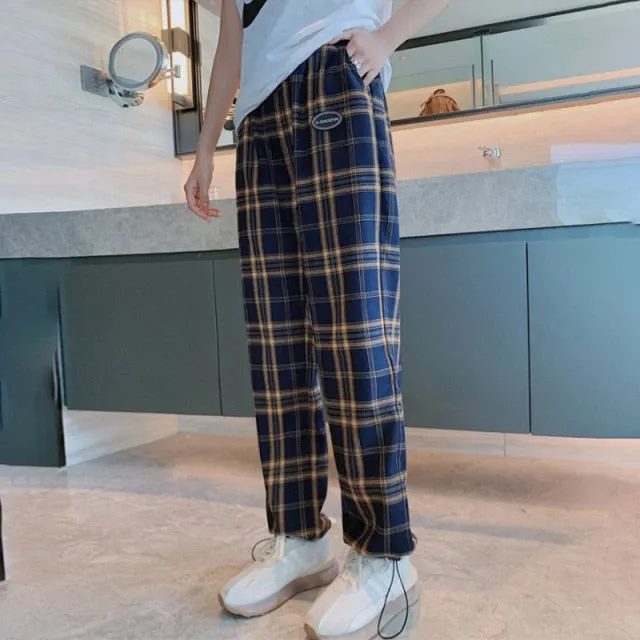 INS Cool Women Baggy Blue Pants Lady Oversized Wide Leg Plaid Slacks Harem Pants Student Autumn Purple Pink Long Flare Trousers