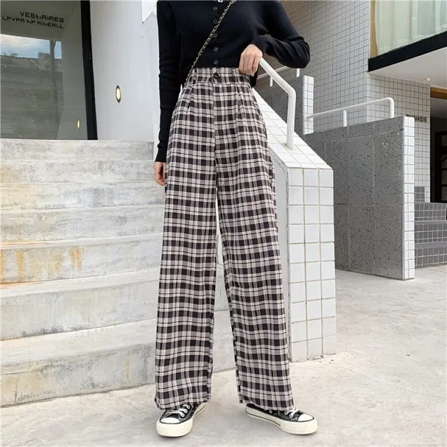 INS Cool Women Baggy Blue Pants Lady Oversized Wide Leg Plaid Slacks Harem Pants Student Autumn Purple Pink Long Flare Trousers