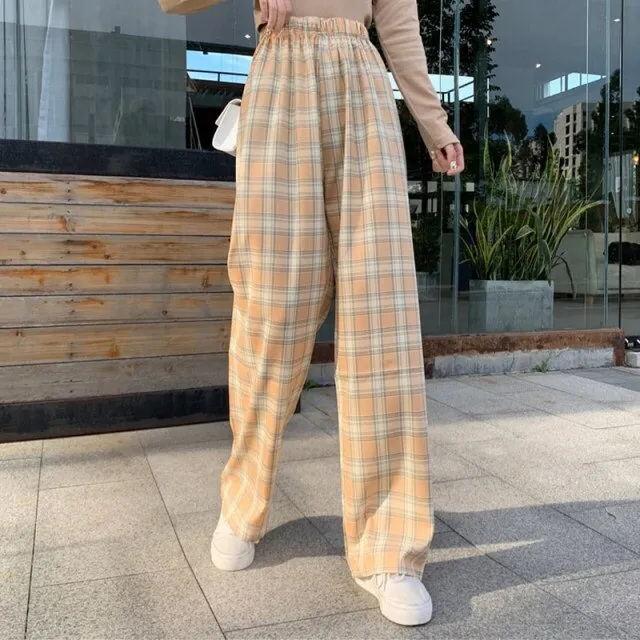 INS Cool Women Baggy Blue Pants Lady Oversized Wide Leg Plaid Slacks Harem Pants Student Autumn Purple Pink Long Flare Trousers