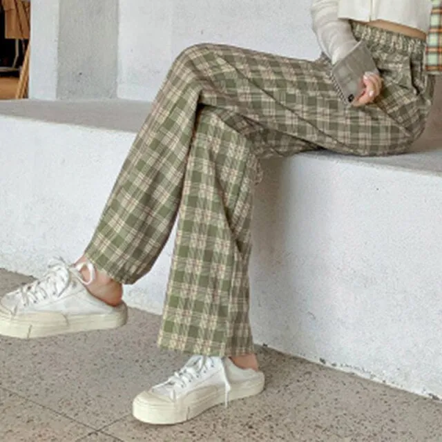 INS Cool Women Baggy Blue Pants Lady Oversized Wide Leg Plaid Slacks Harem Pants Student Autumn Purple Pink Long Flare Trousers