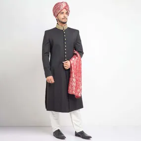Jet Black Suitings 130's Form Fitted Sherwani with Zardozi Collar